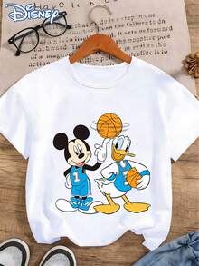 Disney Energize And Look Younger! Women's T-Shirt With Basketball Brothers Mickey And Donald Duck Print, Casual Fashion Round Neck Short Sleeve Summer Top, Vibrant Y Cartoon Shirt, Perfect For Outdoor And Daily Casual Wear - trắng - Xem 1