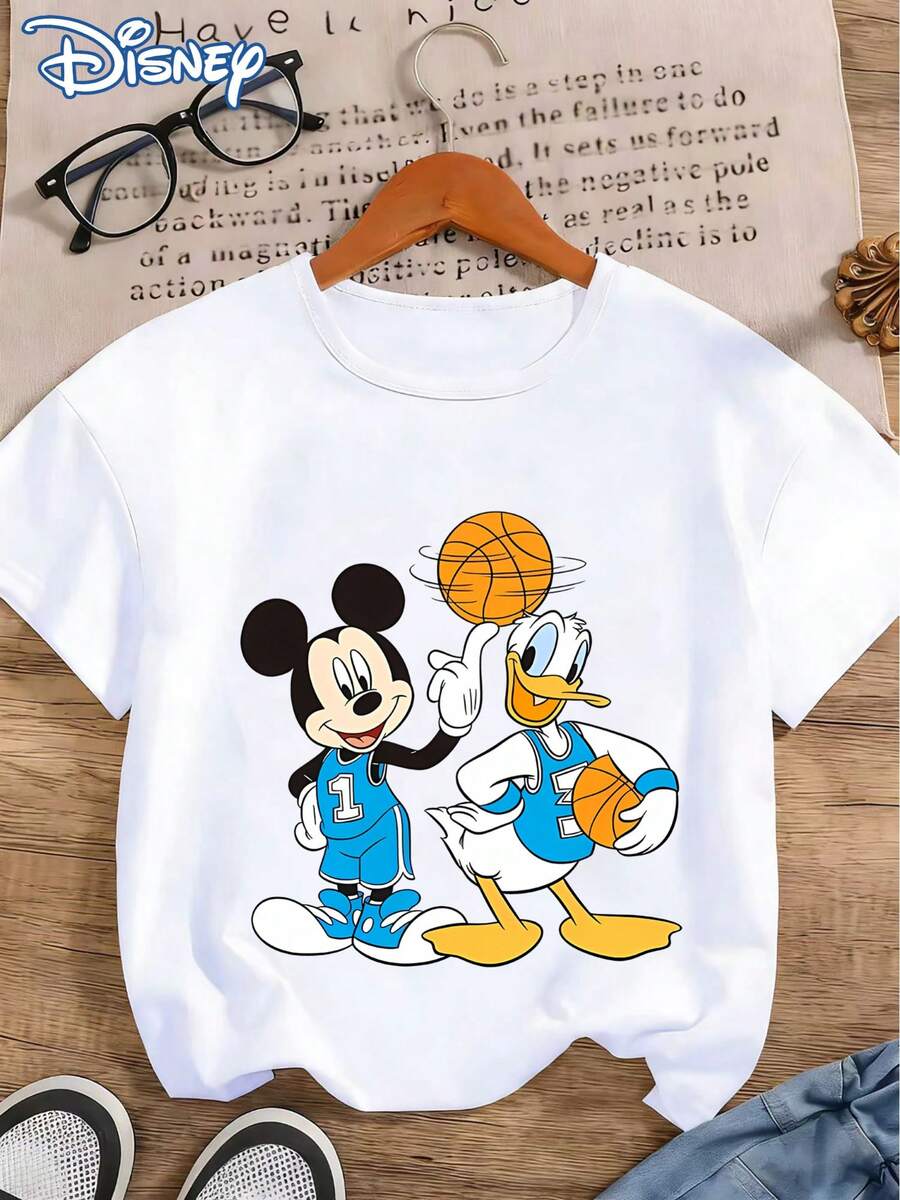 Disney Energize And Look Younger! Women's T-Shirt With Basketball Brothers Mickey And Donald Duck Print, Casual Fashion Round Neck Short Sleeve Summer Top, Vibrant Y Cartoon Shirt, Perfect For Outdoor And Daily Casual Wear - trắng - Xem 1