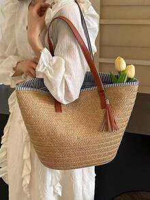 2026 New Fashion Large Capacity Woven Bucket Bag, Casual Versatile Women Shoulder Tote Bag, Suitable For Daily Commute, Outing, Travel, Beach Holiday - Multicolor - View 3