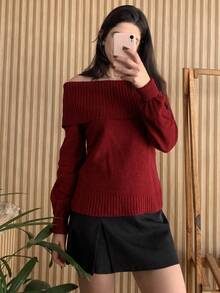 Knit Blouse With Off-The-Shoulder Yoke And Long Sleeves - Red - View 4