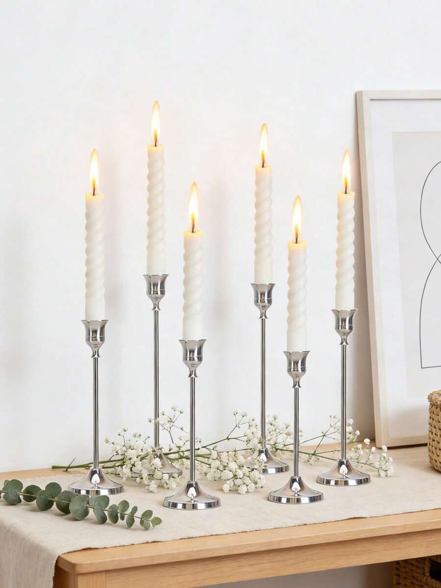 12/6/30pcs Elegant Gold Candle Holders, Pointed Candles, Bronze Candle Holders Suitable For Birthday, Wedding, Fireplace Party, Restaurant Home Decor, Candleless - Silver - View 1