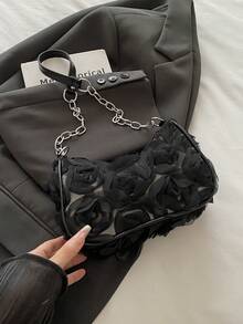 独特小众新款玫瑰蕾丝晚宴链条包，时尚别致的女孩单肩腋下包 - 黑色 - 查看 4