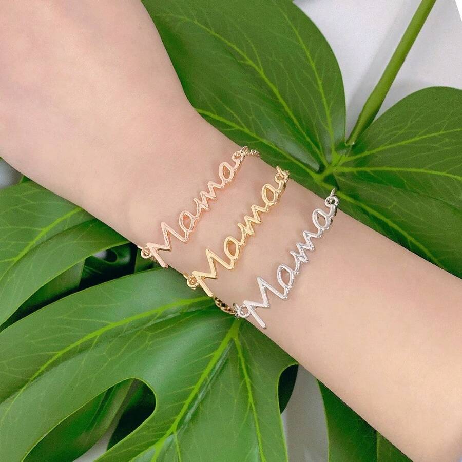 简约不锈钢字母“MAMA”链条手链，适合母亲节、万圣节、圣诞节的珠宝礼品配饰 - 彩色 - 查看 1