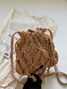 夏季时尚百搭休闲手工编织大容量沙滩草编斜挎包 - 卡其色 - 查看 8