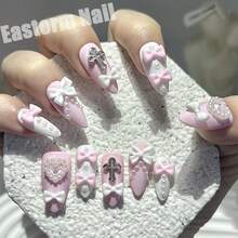 10片Y2K坏女孩蝴蝶结珍珠可爱粉白手工按压式美甲贴片，心形十字架卡哇伊美甲用品（1片果冻贴纸+1个指甲锉） - 粉色 - 查看 5