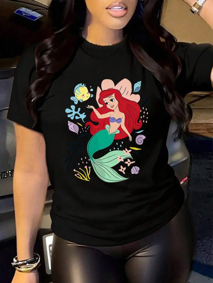 Disney Princess Ariel T-Shirt, Women's Casual Cotton Round Neck Short Sleeve T-Shirt With Mermaid Graphic Print, Regular Fit, Disneyland, Summer Tops - Black - View 1
