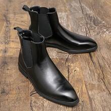 Men's Shiny Chelsea Boots, British-Style Elastic Band Ankle Boots, Business Casual Black Leather Shoes, High Boots, High-Top Shoes, Men's Shoes - Black - View 4