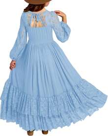 2026 Girls Elegant Lace Flower Boho Dress Long Sleeve Backless Square Neck Ruffle Party Maxi Dress - 09 Biru Muda - View 12