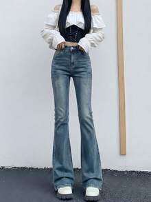 YEAE | Women's Black Flare Jeans, Casual Long Non-Stretch Denim Pants With Button Pockets And Zipper Details Spring - Medium Wash - View 5