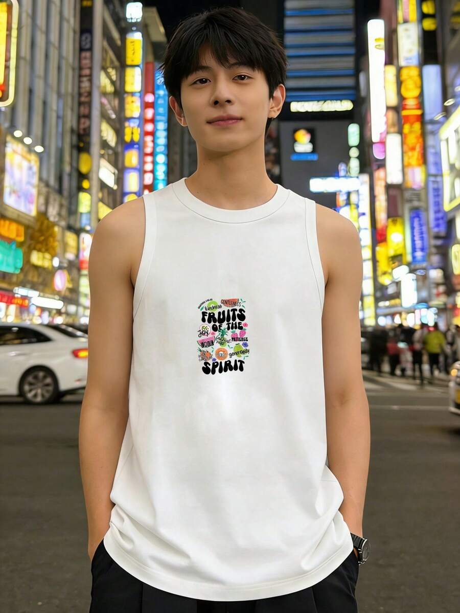 ブラックのフルーツデザイン入り サマーウェア ノースリーブTシャツ ファッション性溢れる 若者向け - ホワイト - チェックする 1