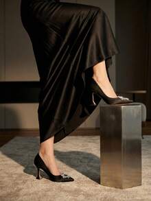 Women's Sparkling Rhinestone Satin Pumps - 3.5 Inch Pointed Toe High Heels - Black - Black - View 6