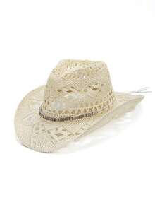 1 件锆石链条装饰透气镂空牛仔帽，男女通用时尚个性化夏季太阳帽，适合海滩、度假、日常穿着 - 草編禮帽 - 查看 26