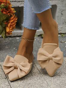 大码 35-45 女式尖头平底穆勒鞋，金色，低鞋面，适合户外和日常穿着，秋季新品，PU 鞋面软底一脚蹬乐福鞋，时尚百搭 - 杏色布麵(杏桃蝴蝶結) - 查看 5