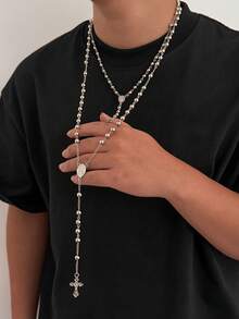 2pcs Fashionable Casual Minimalist Cross Pendant Necklace Set, Personalized Hiphop Beaded Chain Y-Necklace, Suitable For Daily Wear, Party, Holiday Gift - Y-shaped Long Necklace - View 11