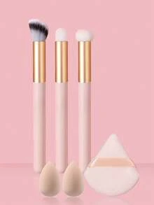 6件套专业化妆刷套装 - 遮瑕刷、腮红刷、眼影晕染刷、多功能化妆刷 + 不吸粉迷你化妆海绵 + 双面柔软扇形粉扑 - 杏色 - 查看 3