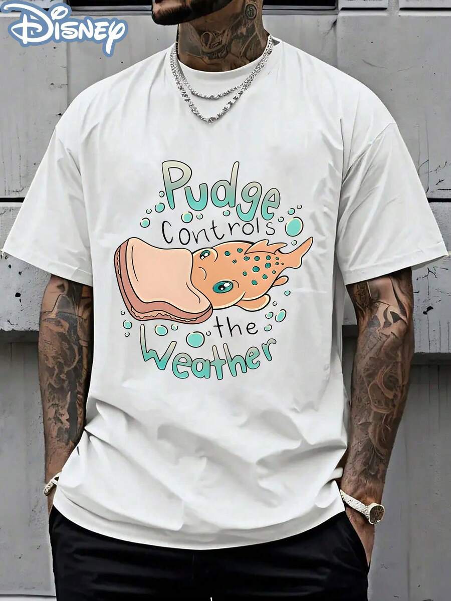 Disney Officially Licensed Graphic T Shirts 100 Percent Cotton Disney Shirt, Pudge Controls The Weather T-Shirt, Unisex, 220g, Retro Vintage, Crew Neck, Comfortable Top - 白色 - 查看 1
