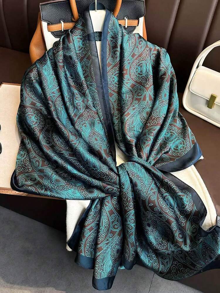 1pc Women's Turkish Blue Printed Faux Silk Scarf, Can Be Used As Headwear, Neck Warmer, Or Dress Accessory - Turquoise Blue - View 5