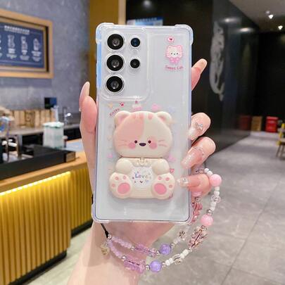 (Mirror Stand) Cute Love Cat, Beaded 4pcs Bear Bracelet, Transparent 4-Corner Anti-Drop Phone Case Compatible With Samsung S22/S23/S24/S25/S26, A04/A05/A14/A15/A24/A25/A34/A54/A56/A36/A26, Honor 400/X67899876ABC, Note 14/13/12