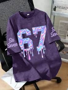 男童休闲印花短袖系列，渐变“67”数字和“SIX SEVEN”字母印花设计，适合夏季穿着 - 紫色 - 查看 2