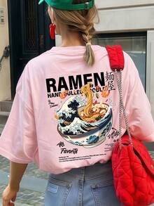 1件女士宽松圆领短袖T恤，印有日式拉面图案，休闲夏季粉色 - 粉色 - 查看 5