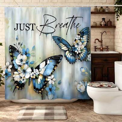 Blue Butterfly Floral Just Breathe Shower Curtain Inspirational Bathroom Decor, Calming Bathroom Set With Shower Curtain, Waterproof Bathroom Curtain, Uplifting Bathroom Decor, Bathroom Set Including Shower Curtain, Blue White Bathroom Curtain, Bathroom Partition Curtain, Mindful Themed Bathroom Decor, Soft Fabric Bath Curtain, Peaceful Bathroom Set For Home