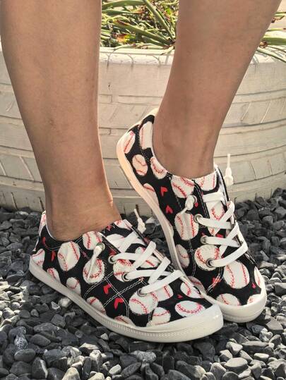1 par de zapatillas de lona de béisbol casual con bola redonda, zapatos cómodos para caminar para mujeres jóvenes, adecuados para uso al aire libre en primavera, otoño y todas las estaciones