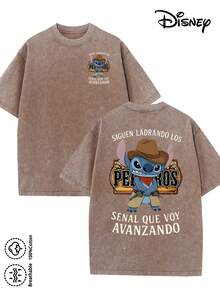 Disney-Licensed Men's Cotton T-Shirt For The 2026 Family Holiday. Featuring A Stitch Motif, Washed Crew Neck, Soft And Comfortable Feel, Easy Care And Suitable For Various Occasions Such As Holidays, Everyday Life And Commuting – Full Of Festive Spirit. - 咖啡棕 - 查看 1