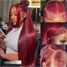 180% 密度 13x4 隐形高清蕾丝前置真人混纺假发，即剪即戴，直发蕾丝闭合假发，告别打结，无胶预拔毛巴西原生真人混纺长假发，带婴儿发，8-36 英寸，99J 酒红色 - S99J/BUG - 查看 5