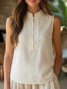 Women's Casual Shirt, Elegant Vacation Style Sleeveless Mandarin Collar Shirt, Single-Breasted Pullover, Loose Summer Commute Casual Artistic Vacation Style Top, Slimming Concealing Flesh Daily Elegant Versatile Breathable Summer Wear - Off White - View 3
