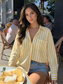 2026 Spring New Arrival Retro American Style Loose Long Sleeve Striped & Floral Print Shirt For Women - Yellow - View 3