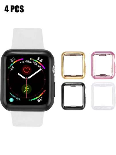 4 件装男女通用防摔保护壳，适用于 40/41/42/44/45/46/49 毫米 Series Ultra/SE/11/10/9/8/7/6/5/4，含屏幕保护膜，全方位保护表壳，TPU 高清超薄保护套，透明/黑色/金色/粉色可选，智能手表保护壳配件