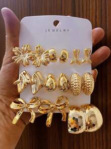 4-16件套女士时尚奢华金色耳环套装，包含永生花、蝴蝶结、夸张扇形、几何图案等款式，适合日常佩戴、送礼、节日、派对等场合。 - 金色 - 查看 8