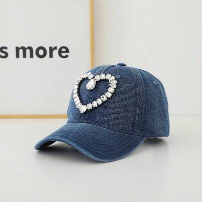 1pc Rhinestone Embellished Baseball Cap, Heart Design, Casual Outdoor Sun Protection Curved Brim Hat, Unisex Suitable For Daily Use