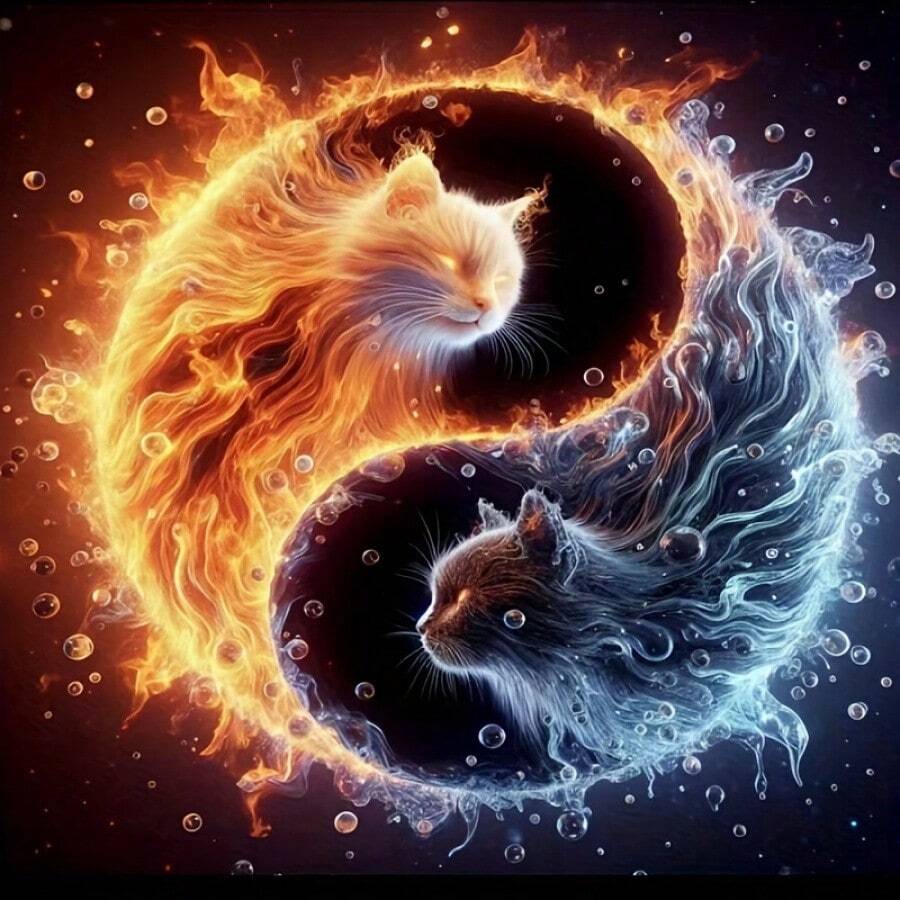 5D钻石画套装，动物主题阴阳猫，圆形亚克力钻石艺术刺绣十字绣墙饰，无框彩色钻石艺术品，适合家居装饰和惊喜礼物 - 圓鑽 - 查看 1