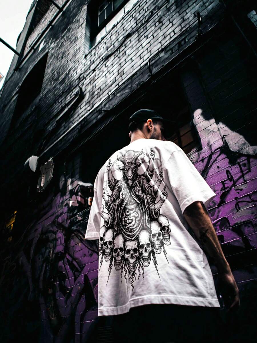 Men's Street Fashion Dark Gothic Punk Style Graphic T-Shirt, Urban Street Chic, Short Sleeve Top - White - View 1