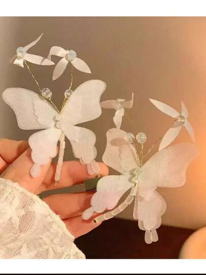 2pcs Ethereal Butterfly Hair Clips, 3D Girly Mesh Headpieces, Handmade Beaded Side Clips, Delicate Atmosphere Accessories Suitable For Dresses, Photoshoots, Styling