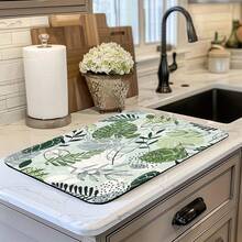 1pc Mint Green Leaf Pattern Absorbent Non-Slip Kitchen Counter Drying Mat, Heat Resistant Coffee Bar Decor - The Language Of Mint Green Leaves - View 5