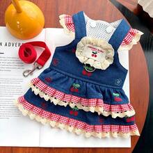 1 Set Pet Denim Cherry Bib Dress With Leash, Spring/Summer Outdoor Walking Outfit - Multicolor - View 4