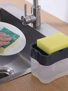 1个厨房液体皂液器，带海绵架和海绵的洗洁精皂液器，按压式液体皂液器，沥水架，洗洁精泡沫器，台面液体皂液器，独立式，防漏，理想礼品，厨房用品，厨房配件，清洁海绵，洗碗海绵，海绵刷 - 皂液盒 - 查看 12