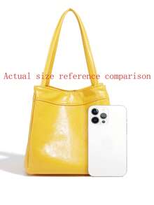 2026 Spring/Summer New Fashion Silver Color Women Handbag, Lunchbox Bag, Bright Leather Stylish Cool Y2K Style Cute Square Winged Toiletry Bucket Crossbody Bag - 黃色 - 查看 2