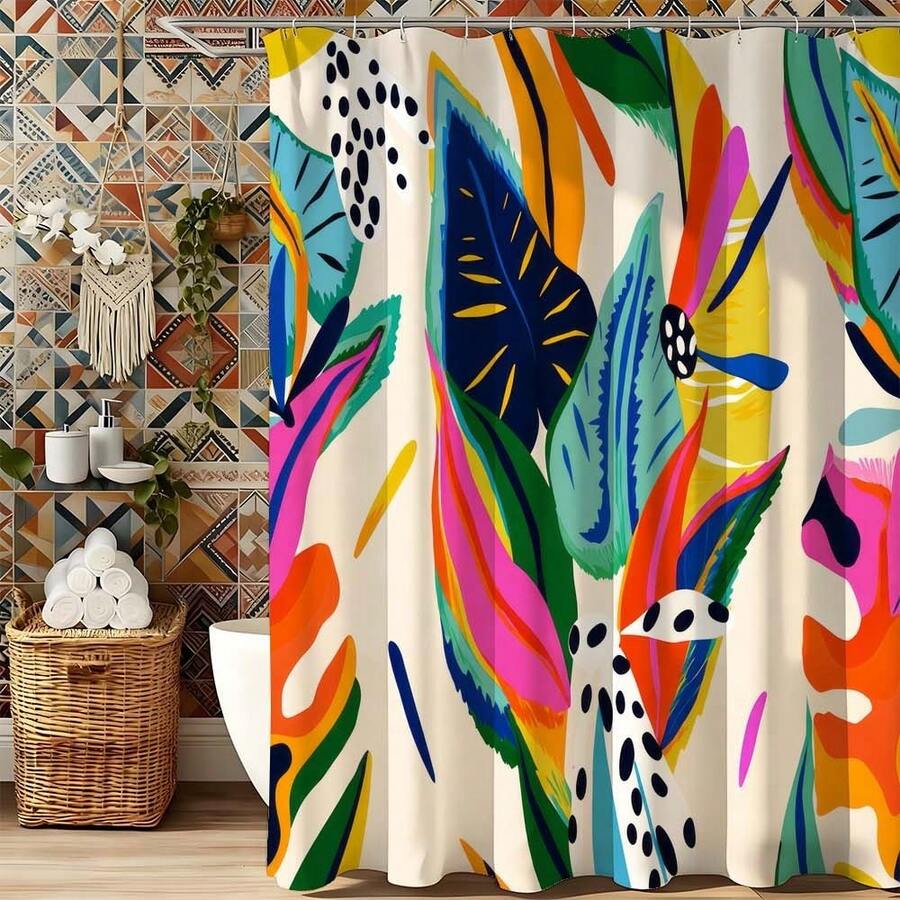 充满活力的热带植物彩色艺术浴帘，防水防霉涤纶材质，现代大胆的浴室装饰配件，带挂钩，加厚隐私帘，适用于淋浴房和浴缸，易于安装、清洁和快干，时尚植物图案浴帘，不褪色，防水，必备淋浴配件 - 粉紅紫 - 查看 1