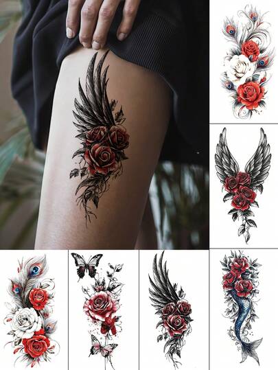 6 Sheets Flower Temporary Tattoos For Women Sexy Rose Tattoo With Wings Butterfly Mermaid Peacock Feathers Fake Tattoos Stickers For Women Makeup Summer Travel Festival Party Easter Decorations