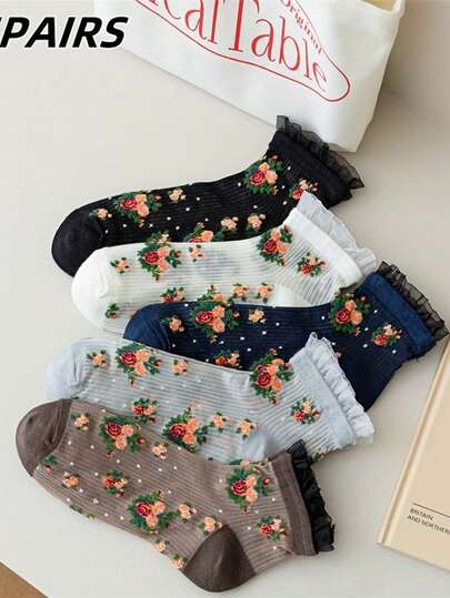 5双装女士短袜，薄款蕾丝边透气花卉踝袜，适合春夏穿着