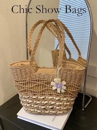 女士时尚镂空条纹大容量藤编手提袋/三明治袋