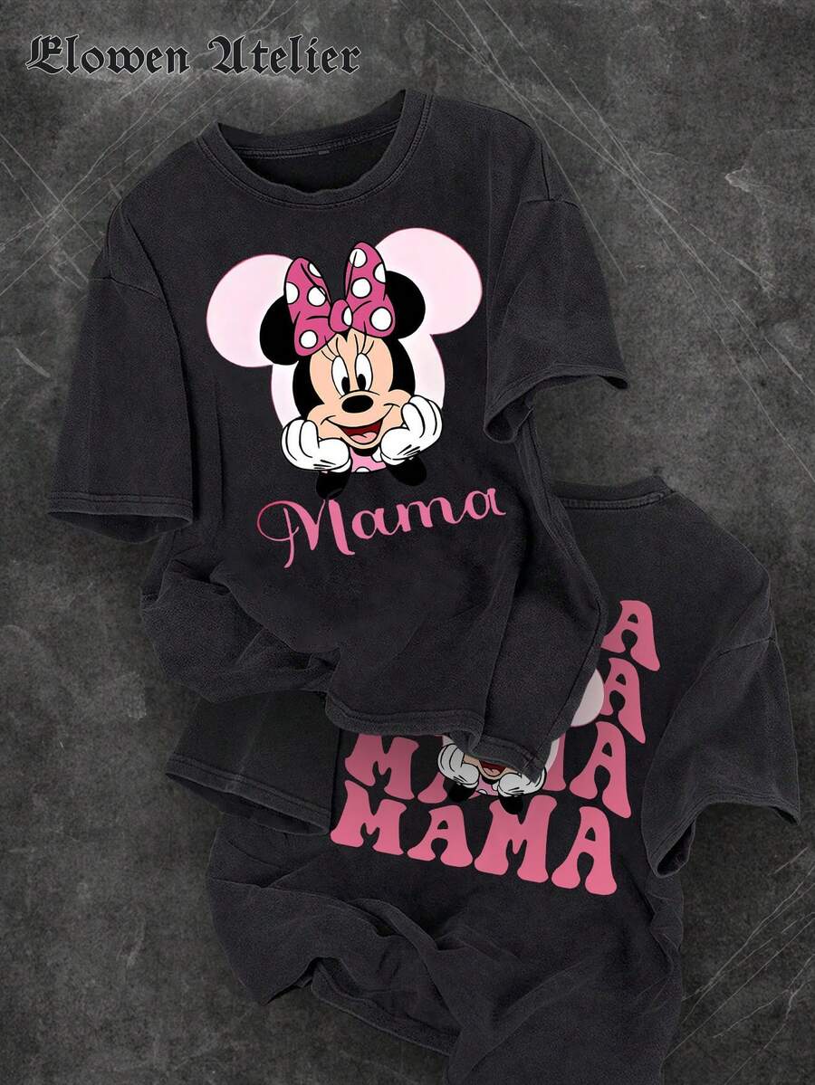 Disney Womens Casual Cotton Minnie Mouse Mama Print Short Sleeve Round Neck T-Shirt - 黑色 - 查看 1
