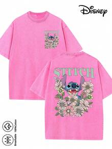 Disney-Licensed Men's Cotton T-Shirt For The 2026 Family Holiday. Featuring A Stitch Motif, Washed Crew Neck, Soft And Comfortable Feel, Easy Care And Suitable For Various Occasions Such As Holidays, Everyday Life And Commuting – Full Of Festive Spirit. - 玫紅色 - 查看 1