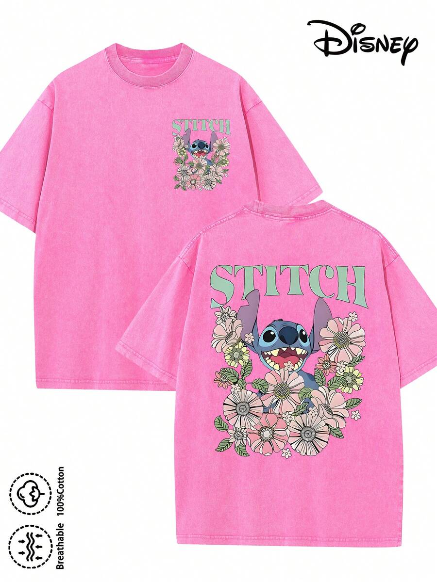 Disney-Licensed Men's Cotton T-Shirt For The 2026 Family Holiday. Featuring A Stitch Motif, Washed Crew Neck, Soft And Comfortable Feel, Easy Care And Suitable For Various Occasions Such As Holidays, Everyday Life And Commuting – Full Of Festive Spirit. - 玫紅色 - 查看 1