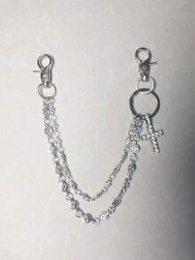 Cross Rhinestone Pant Chain, Lobster Clasp Waist Chain, Wallet Chain, Retro Chain, Double-Layer Chain, Hip-Hop Punk, Jeans Chain, Pocket Chain, Men's Keychain, Multi-Element - Ancient Silver - View 3