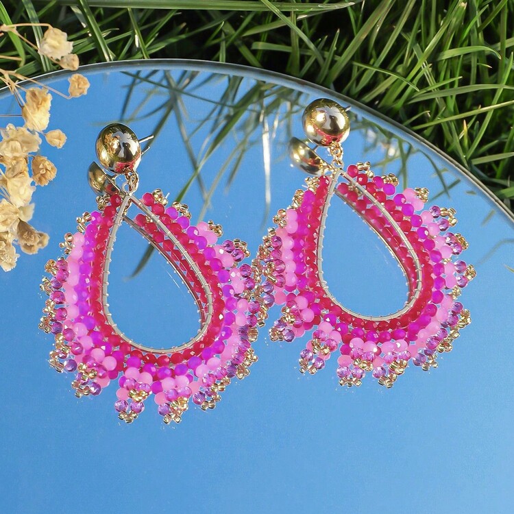 Pendientes Boho Exquisitos con Cuentas de Cristal en Forma de Gota de Agua para Mujer, Hechos a Mano, Pendientes Metálicos Grandes y Elegantes, Accesorios de Joyería para Fiestas de Verano QPIA - Rosa Fucsia - Añade 18