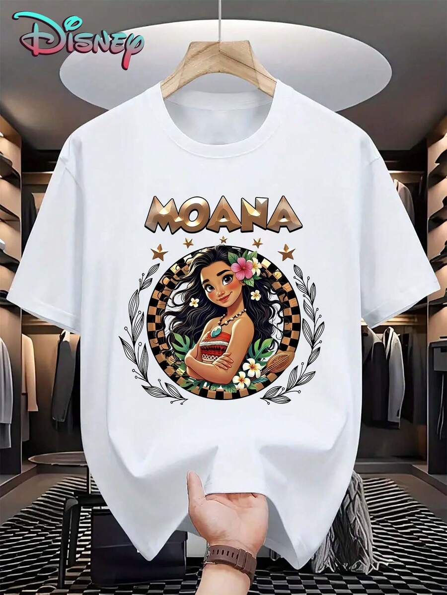 Women's Casual Disney Moana Printed Round Neck T-Shirt With Short Regular Sleeves, Comfortable Cotton Regular Length Top - trắng - Xem 1